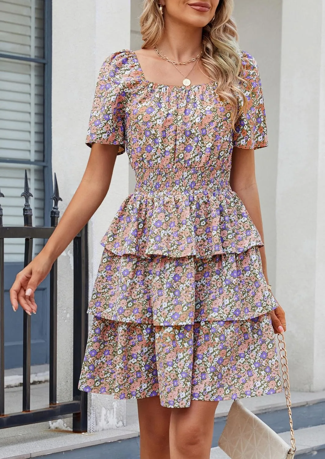 PRETTYGARDEN Women's 2025 Floral Summer Short Dress Square Neck Short Sleeve Tiered Ruffle Boho Swing Dresses