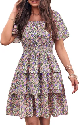 PRETTYGARDEN Women's 2025 Floral Summer Short Dress Square Neck Short Sleeve Tiered Ruffle Boho Swing Dresses