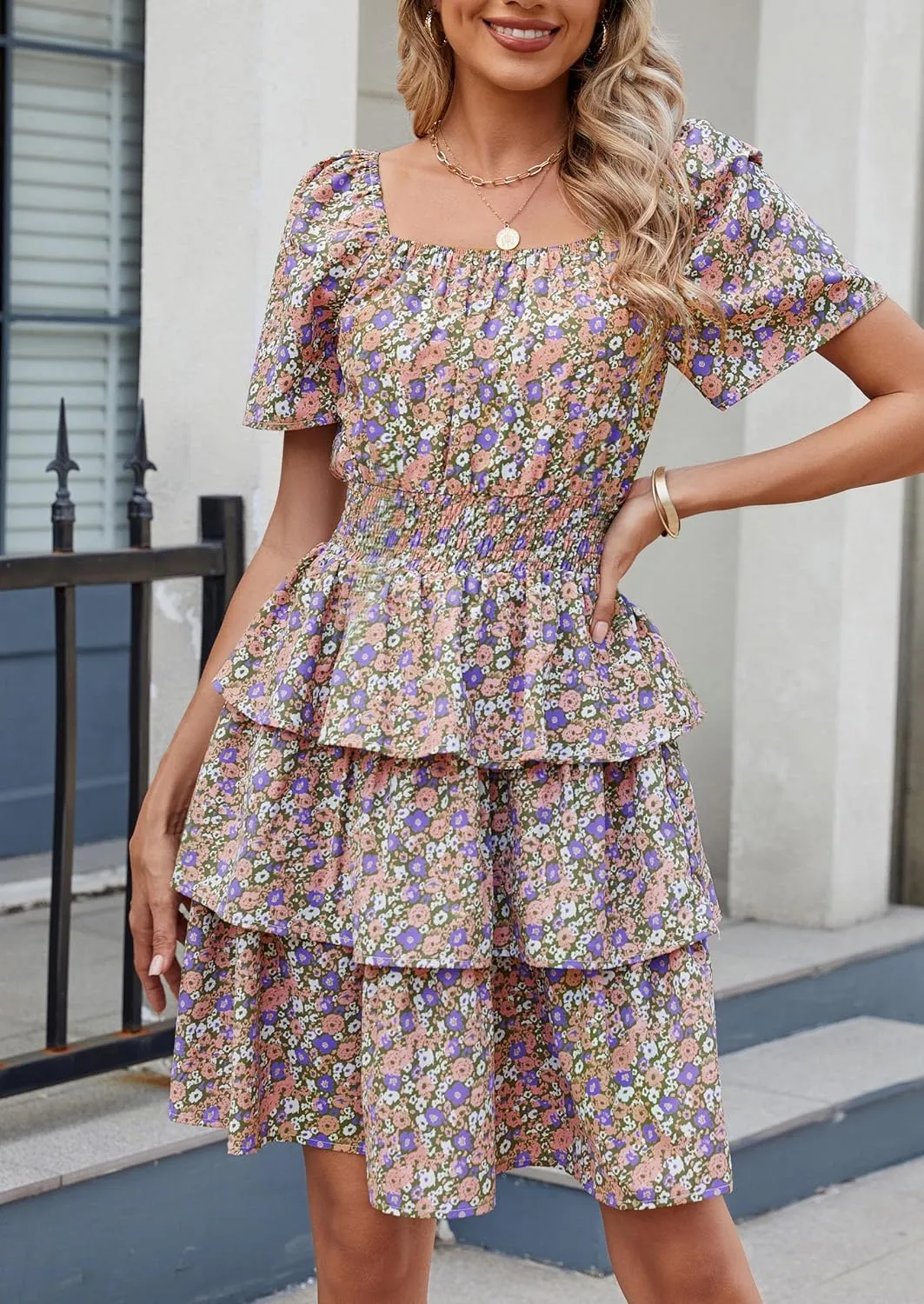 PRETTYGARDEN Women's 2025 Floral Summer Short Dress Square Neck Short Sleeve Tiered Ruffle Boho Swing Dresses