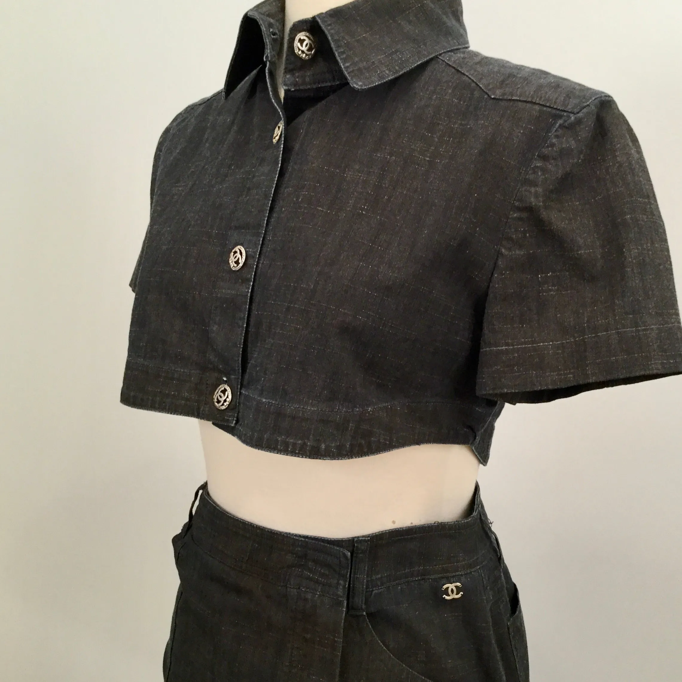 Rare Chanel 2006 Spring Cotton Denim crop top skirt set US 4