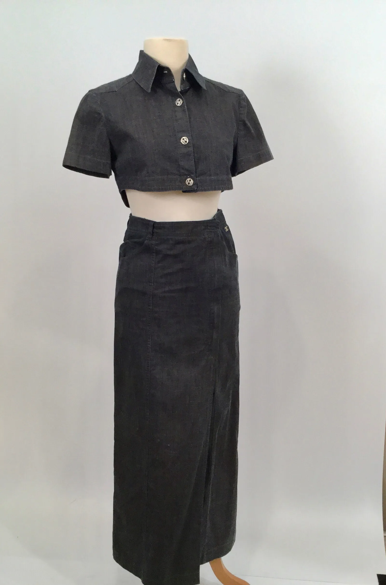 Rare Chanel 2006 Spring Cotton Denim crop top skirt set US 4
