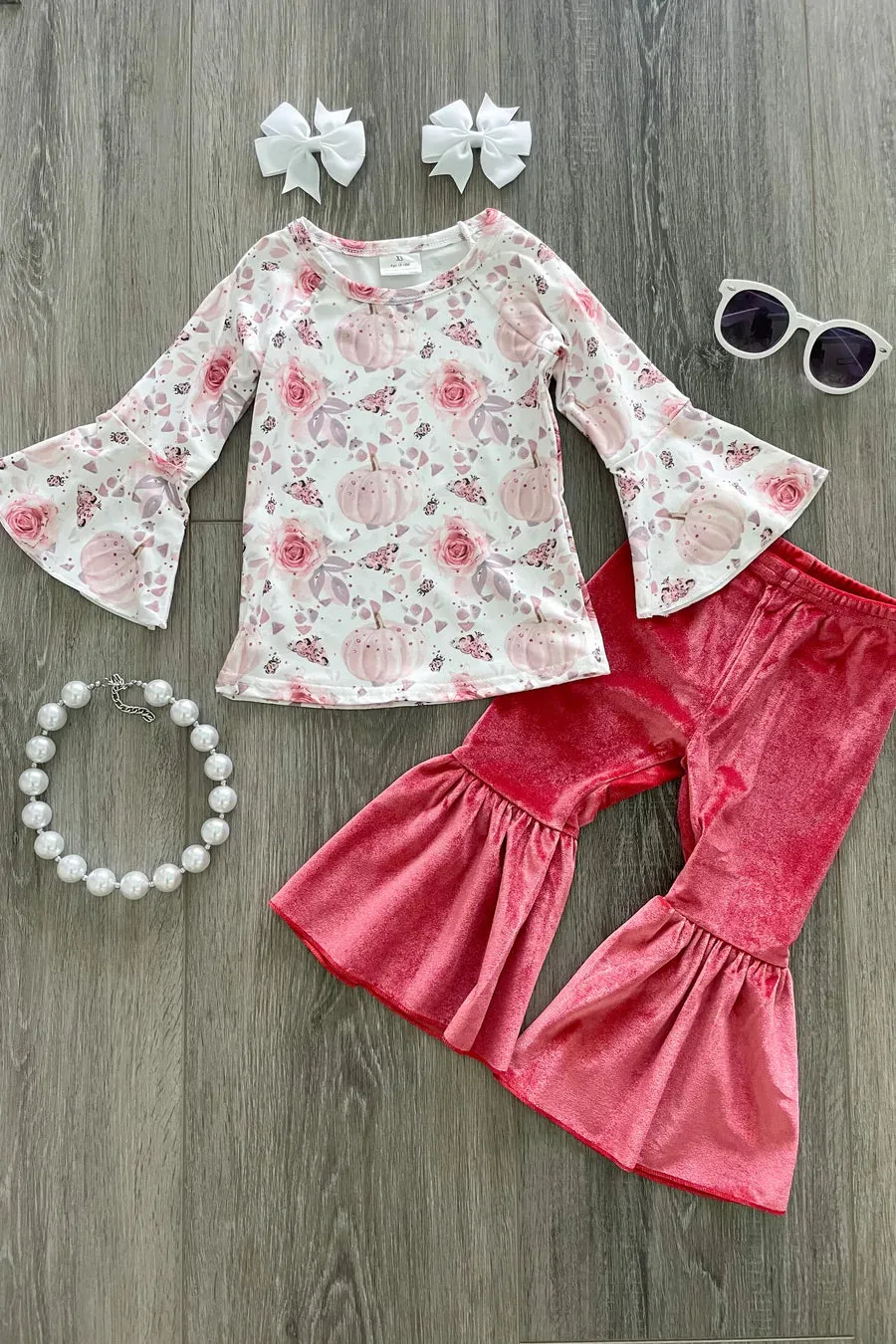Rose Pumpkin Velvet Bell Bottoms Set