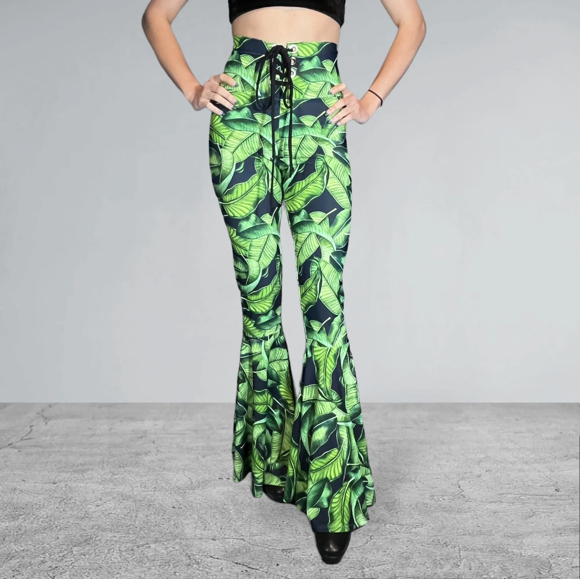 SALE - MEDIUM Lace-Up High Waist Bell Bottoms - Tropical Leaves