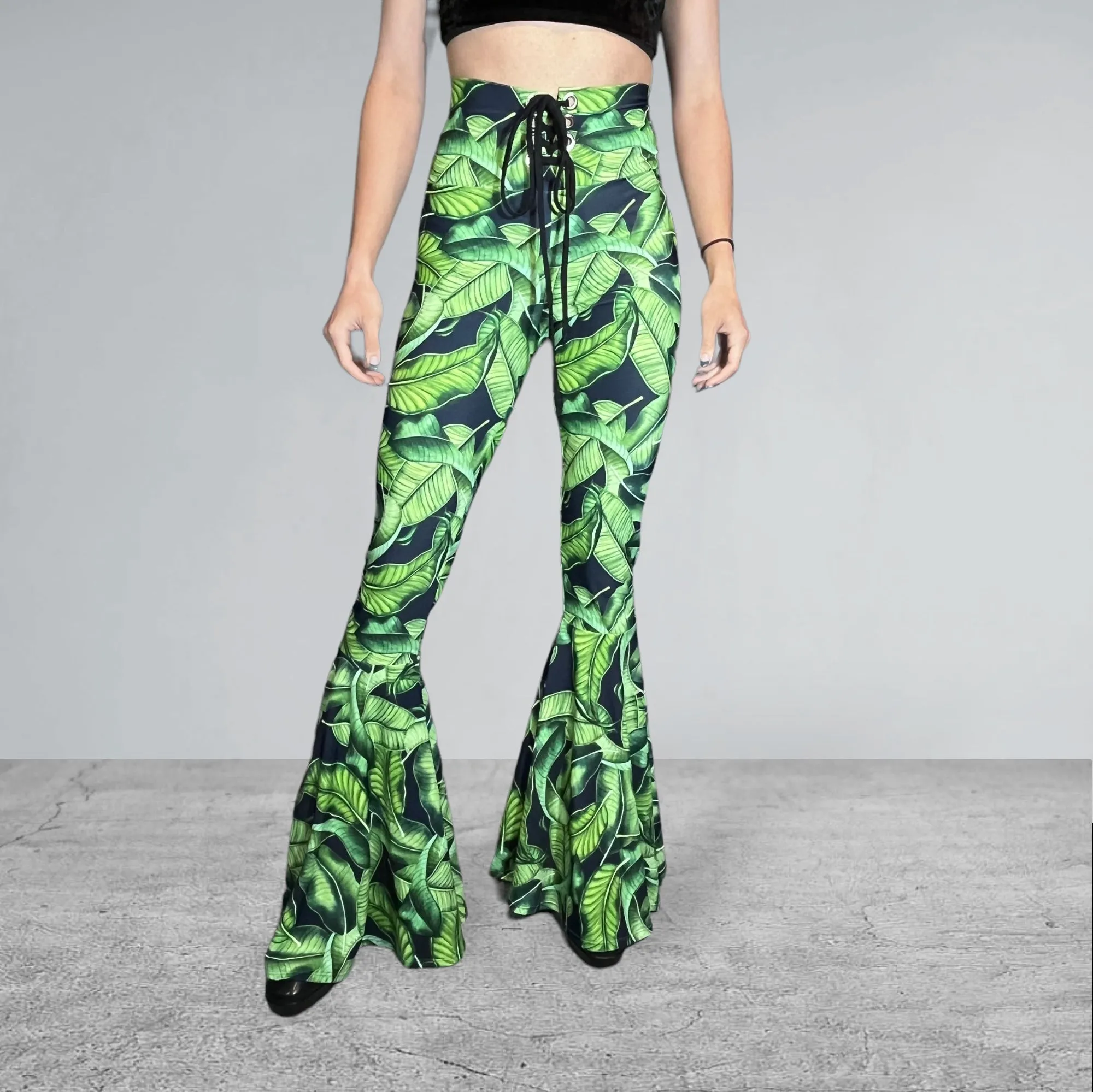 SALE - MEDIUM Lace-Up High Waist Bell Bottoms - Tropical Leaves