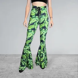SALE - MEDIUM Lace-Up High Waist Bell Bottoms - Tropical Leaves