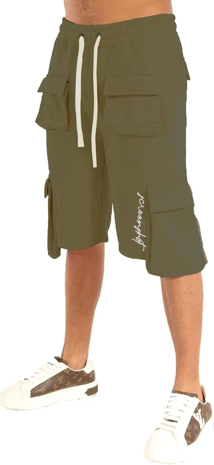 SCREENSHOT Mens Urban NYC Hip Hop Utility Fit Premium Fleece Shorts - Varsity Street Fashion SweatShorts Ribbed Wasteband