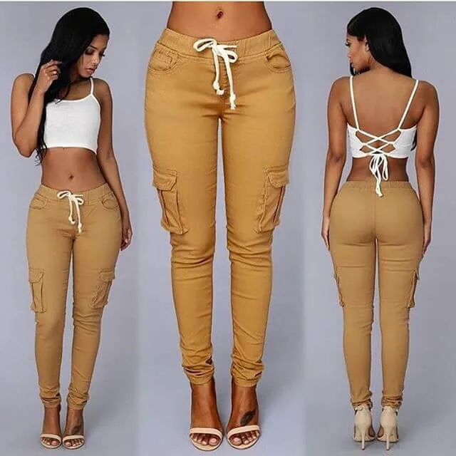Sexy High Waist Strap Pockets Skinny Pants