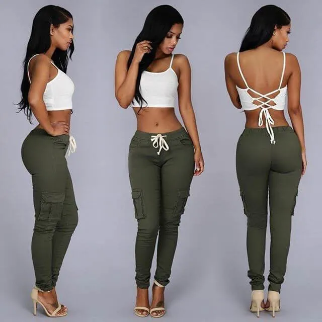 Sexy High Waist Strap Pockets Skinny Pants