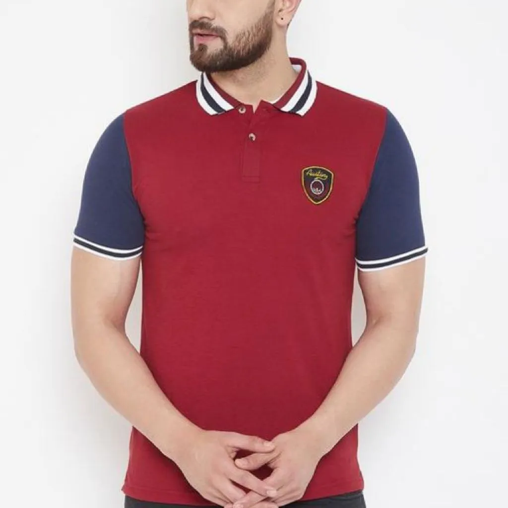 Solid Collar Striped Regular Fit T-Shirt For Men