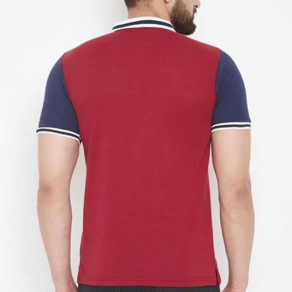 Solid Collar Striped Regular Fit T-Shirt For Men