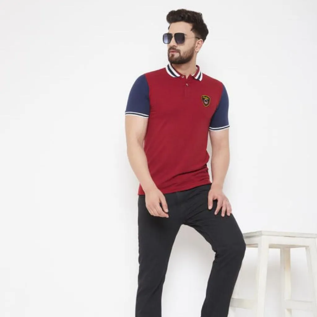 Solid Collar Striped Regular Fit T-Shirt For Men