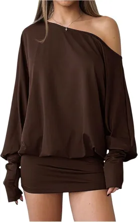 SOLY HUX Women's Long Sleeve Off The Shoulder Dress Y2k Mini Dress Streetwear Music Festival Outfits