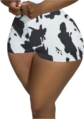 WDIRARA Women's Cow Print Elastic High Waist Shorts Stretch Skinny Shorts