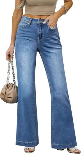 Wide Leg Jeans for Women Mid-Rise Stretchy Baggy Jeans Distressed Denim Pants Trendy