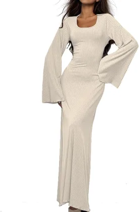 Women Flare Sleeve Maxi Dress Sexy Square Neck Long Sleeve Knit Ribbed Bodycon Dresses Casual Lace Up Back Dress