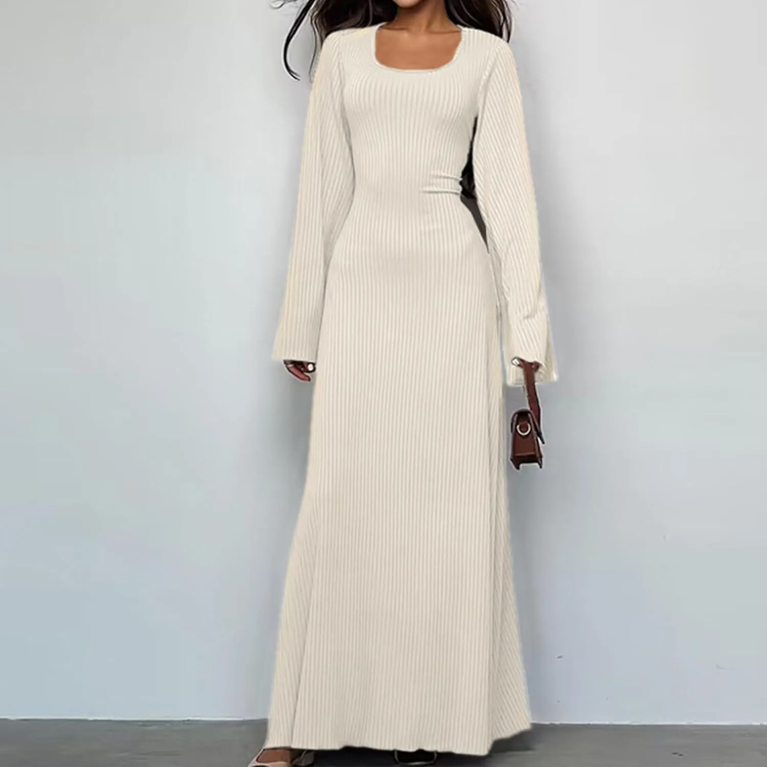 Women Flare Sleeve Maxi Dress Sexy Square Neck Long Sleeve Knit Ribbed Bodycon Dresses Casual Lace Up Back Dress