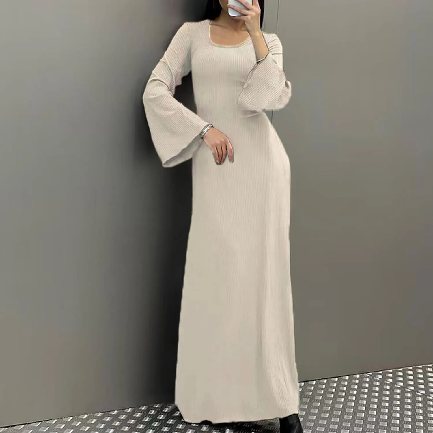 Women Flare Sleeve Maxi Dress Sexy Square Neck Long Sleeve Knit Ribbed Bodycon Dresses Casual Lace Up Back Dress