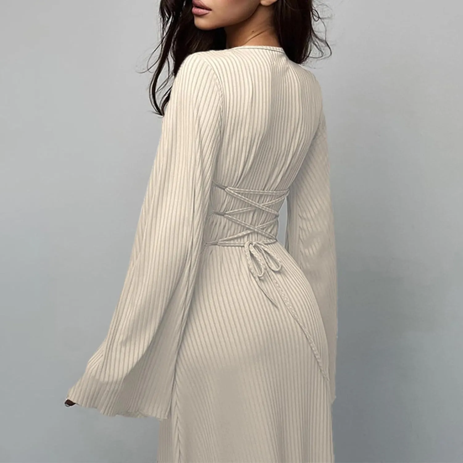 Women Flare Sleeve Maxi Dress Sexy Square Neck Long Sleeve Knit Ribbed Bodycon Dresses Casual Lace Up Back Dress