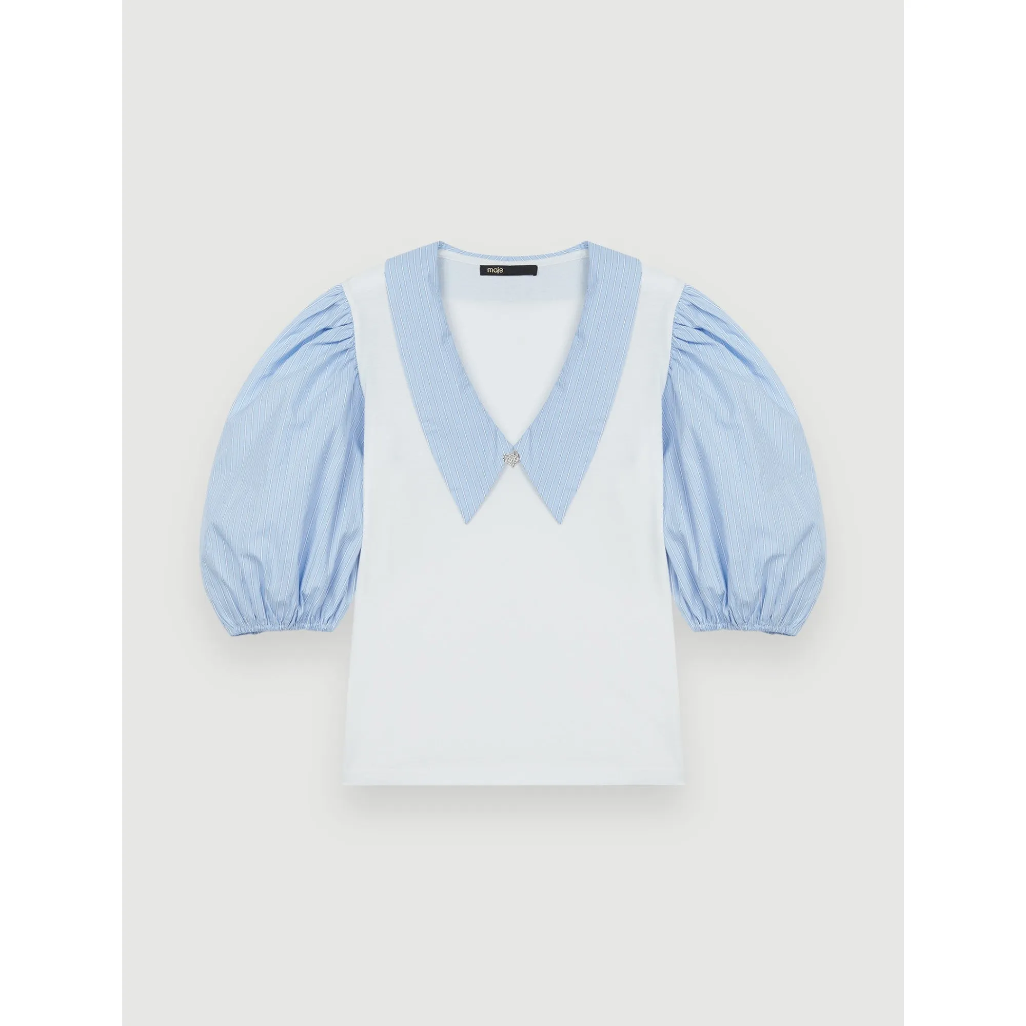 Women Mixed-Material Collar Tee-Shirt - Blue