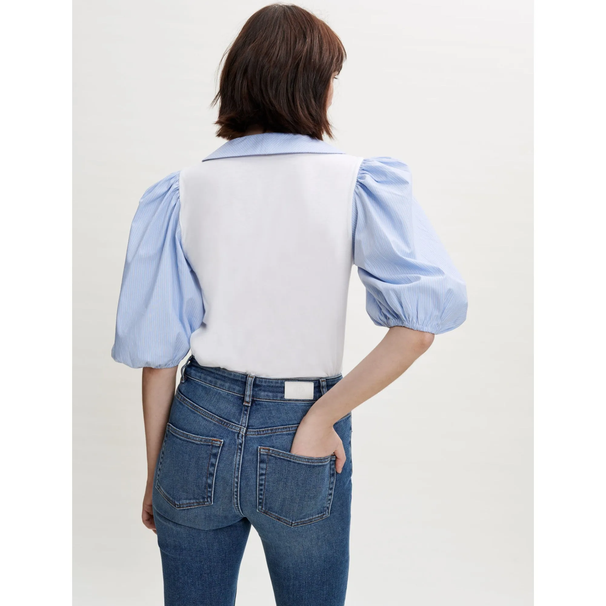Women Mixed-Material Collar Tee-Shirt - Blue