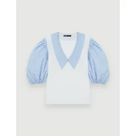 Women Mixed-Material Collar Tee-Shirt - Blue