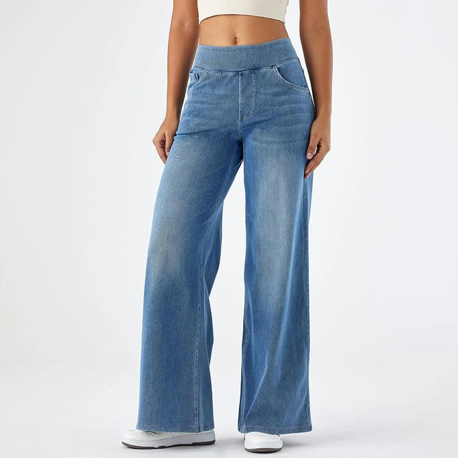 Women Sweatpant Jeans Sweatpants That Look Like Jeans High Waisted Stretchy Pull On Wide Leg Denim Pants with Pockets