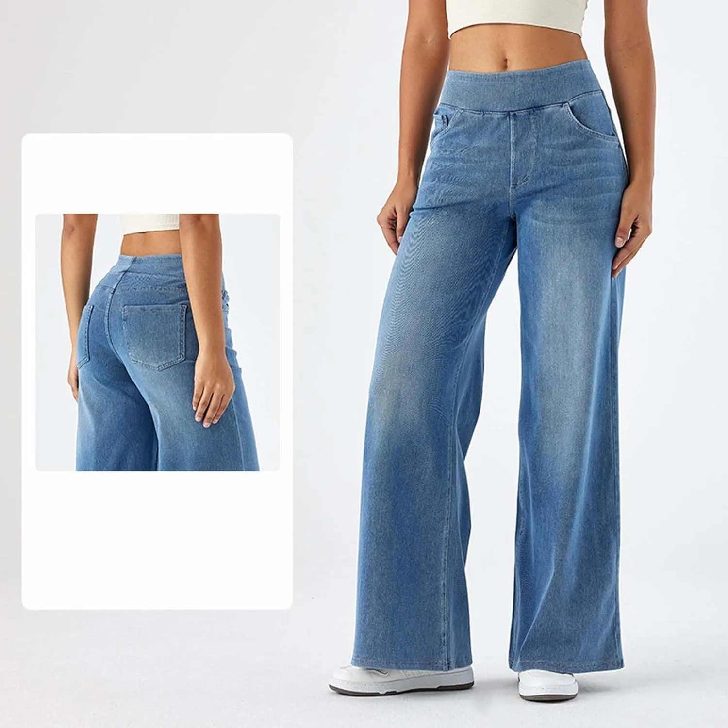 Women Sweatpant Jeans Sweatpants That Look Like Jeans High Waisted Stretchy Pull On Wide Leg Denim Pants with Pockets