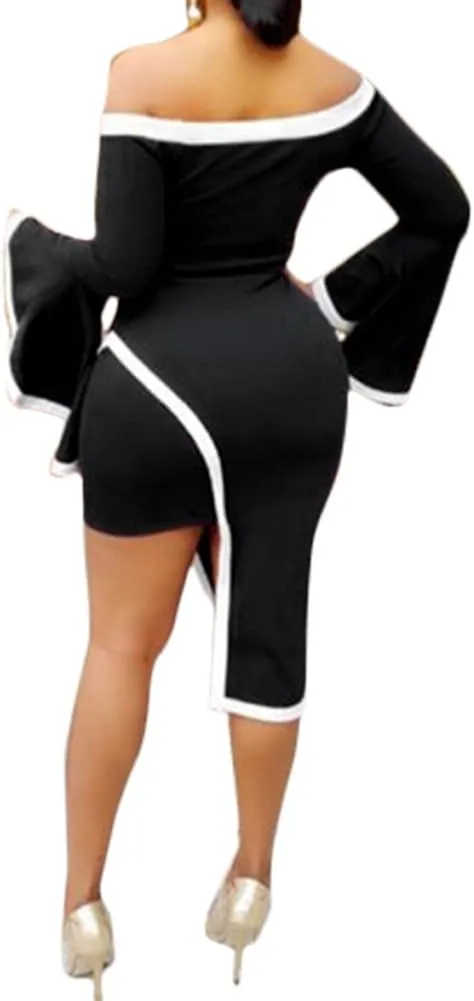 Womens Off Shoulder Black and White Ruffle Bell Sleeve Bodycon Asymmetrical Club Party Cocktail Dress Plus Size