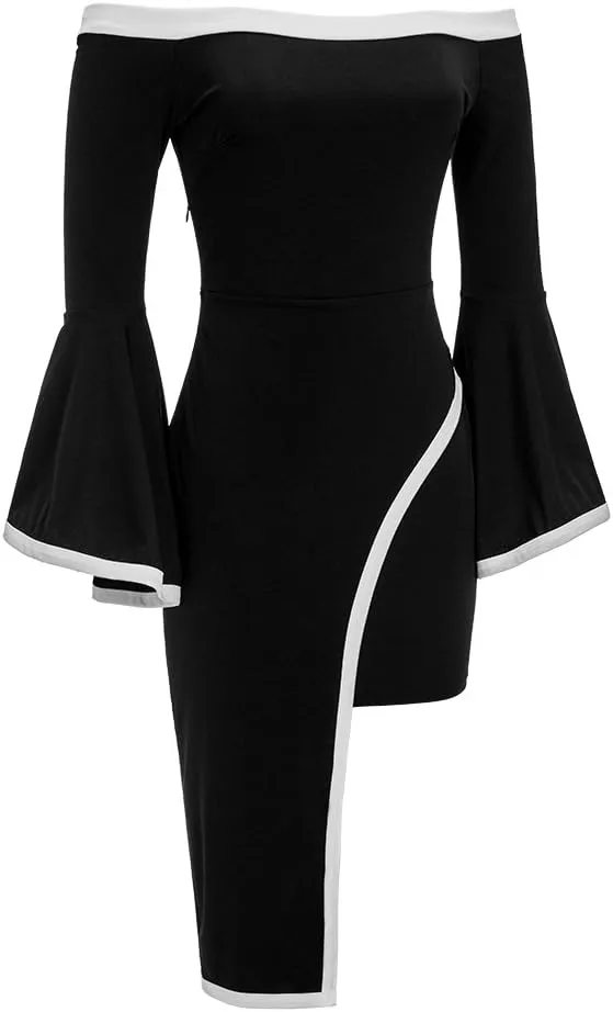 Womens Off Shoulder Black and White Ruffle Bell Sleeve Bodycon Asymmetrical Club Party Cocktail Dress Plus Size