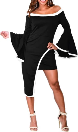 Womens Off Shoulder Black and White Ruffle Bell Sleeve Bodycon Asymmetrical Club Party Cocktail Dress Plus Size