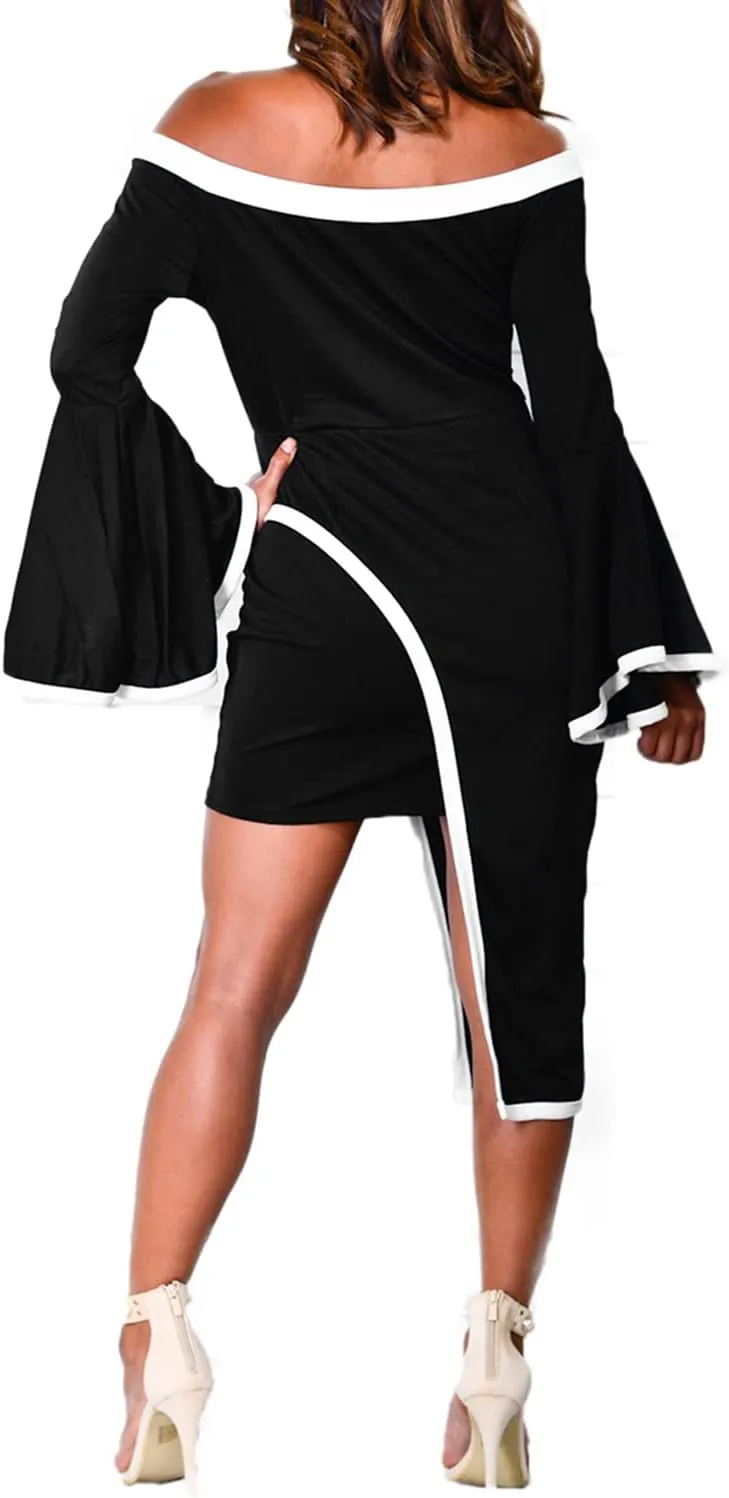 Womens Off Shoulder Black and White Ruffle Bell Sleeve Bodycon Asymmetrical Club Party Cocktail Dress Plus Size