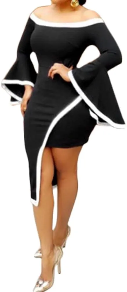 Womens Off Shoulder Black and White Ruffle Bell Sleeve Bodycon Asymmetrical Club Party Cocktail Dress Plus Size