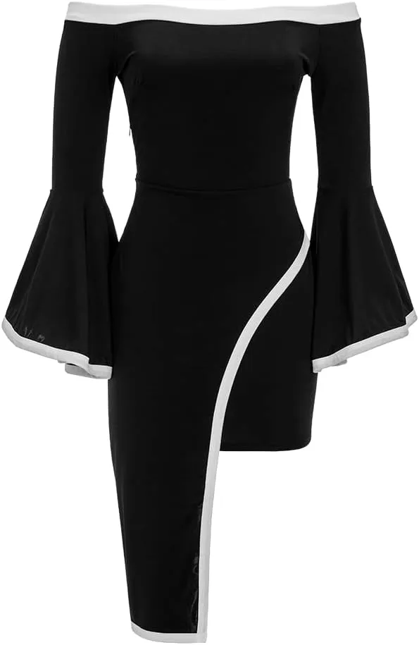Womens Off Shoulder Black and White Ruffle Bell Sleeve Bodycon Asymmetrical Club Party Cocktail Dress Plus Size