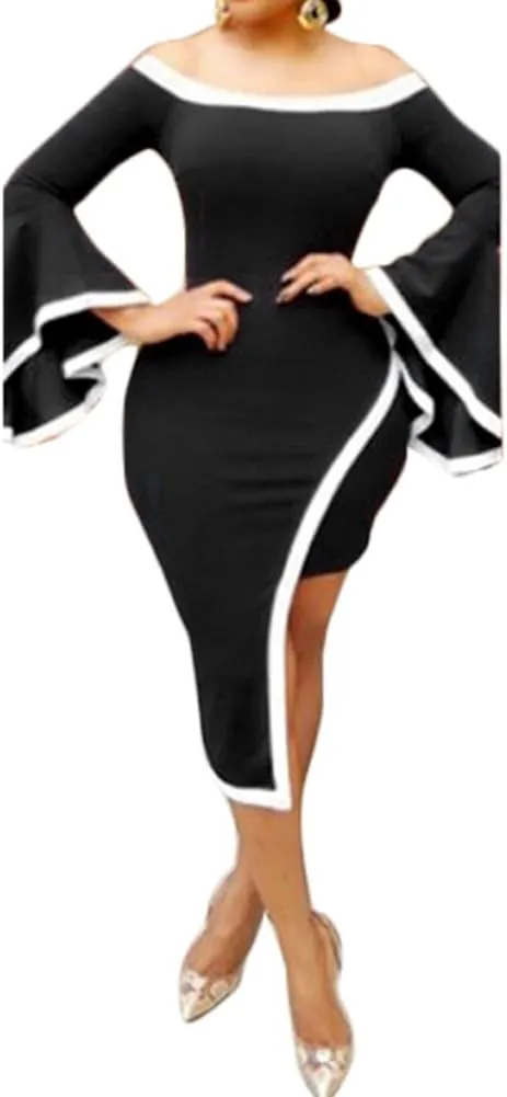 Womens Off Shoulder Black and White Ruffle Bell Sleeve Bodycon Asymmetrical Club Party Cocktail Dress Plus Size