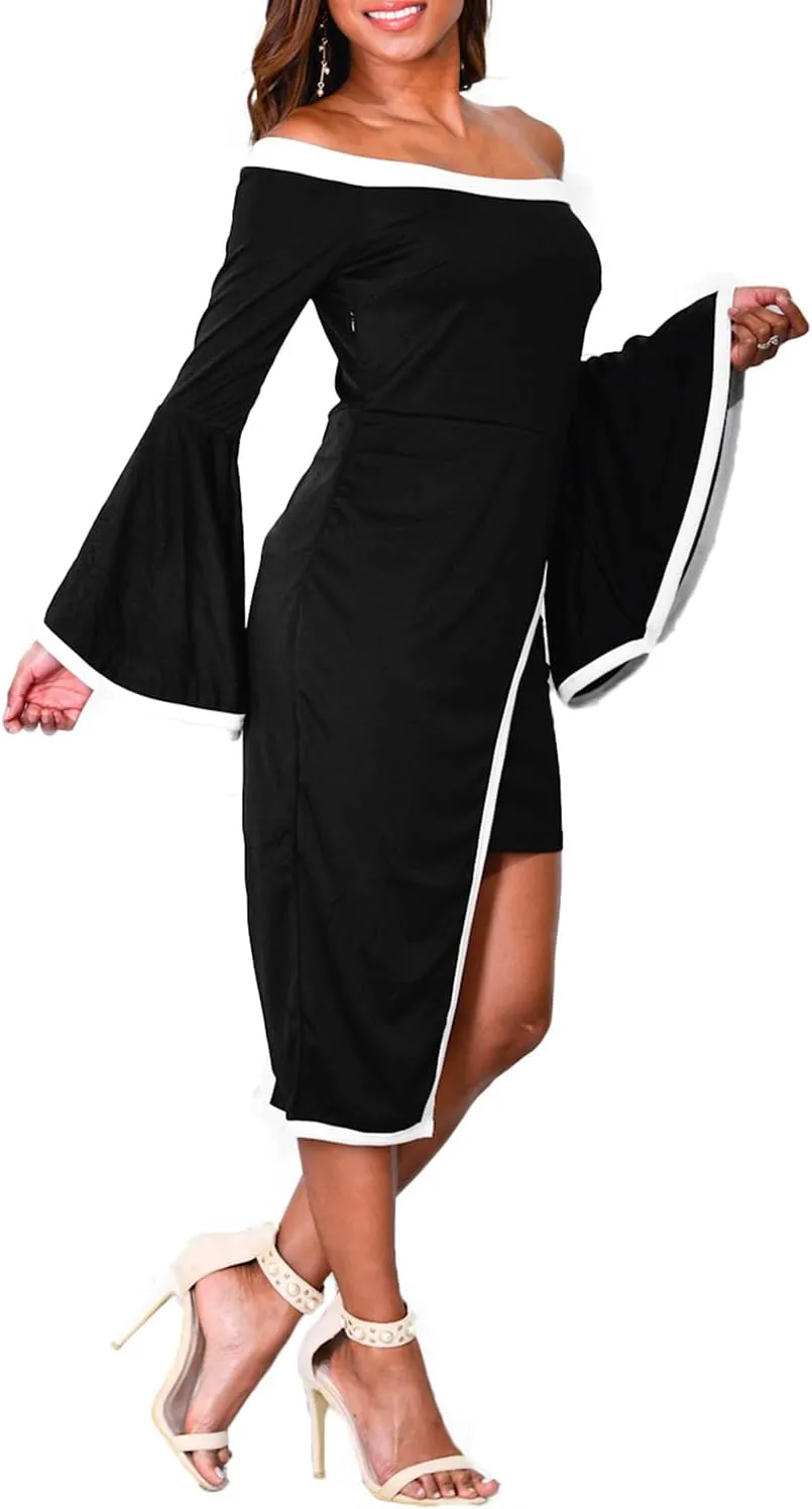 Womens Off Shoulder Black and White Ruffle Bell Sleeve Bodycon Asymmetrical Club Party Cocktail Dress Plus Size