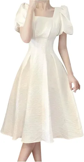 Women's Square Neck Summer Dress Puff Short Sleeve Slim Waist Dresses Casual Pleated Cocktail Party Swing A Line Dress