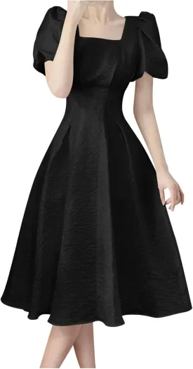 Women's Square Neck Summer Dress Puff Short Sleeve Slim Waist Dresses Casual Pleated Cocktail Party Swing A Line Dress