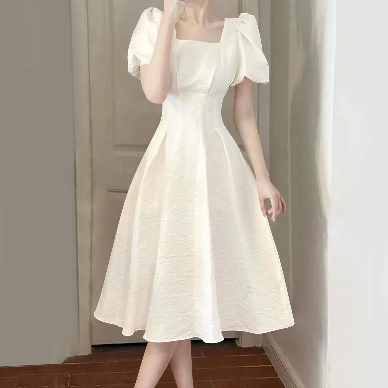 Women's Square Neck Summer Dress Puff Short Sleeve Slim Waist Dresses Casual Pleated Cocktail Party Swing A Line Dress