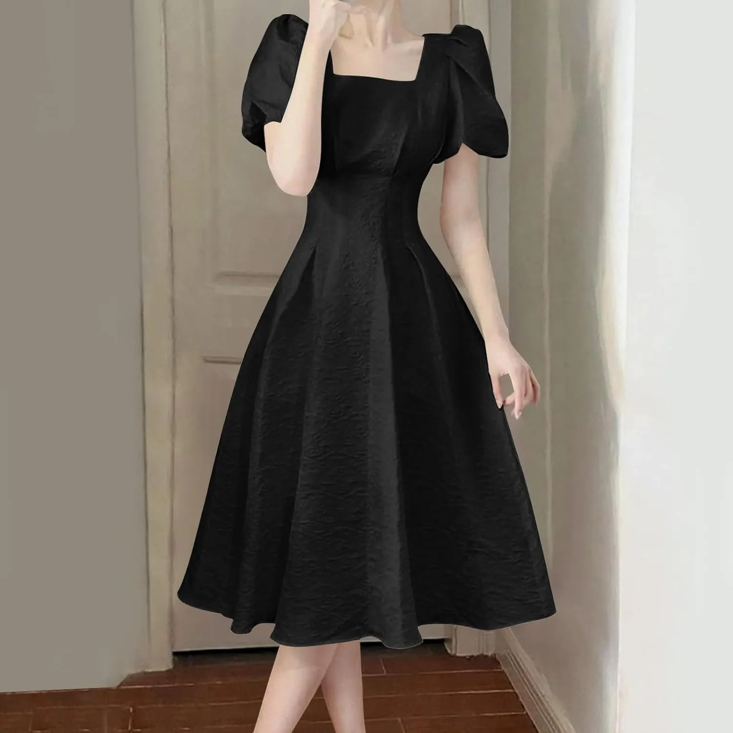 Women's Square Neck Summer Dress Puff Short Sleeve Slim Waist Dresses Casual Pleated Cocktail Party Swing A Line Dress