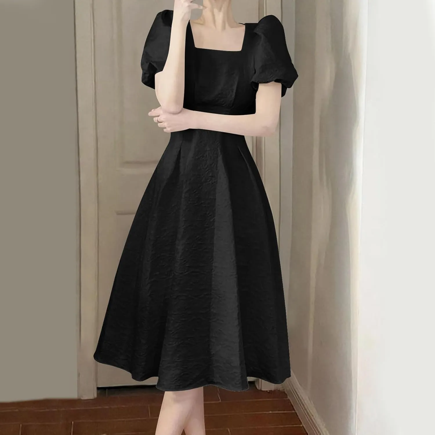 Women's Square Neck Summer Dress Puff Short Sleeve Slim Waist Dresses Casual Pleated Cocktail Party Swing A Line Dress