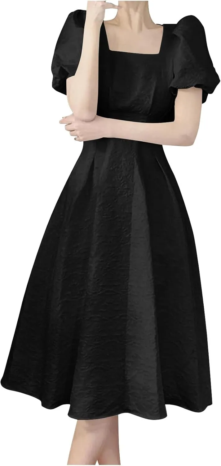 Women's Square Neck Summer Dress Puff Short Sleeve Slim Waist Dresses Casual Pleated Cocktail Party Swing A Line Dress
