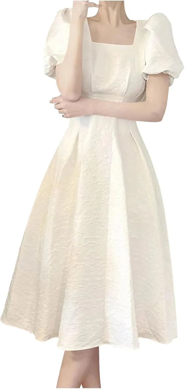 Women's Square Neck Summer Dress Puff Short Sleeve Slim Waist Dresses Casual Pleated Cocktail Party Swing A Line Dress