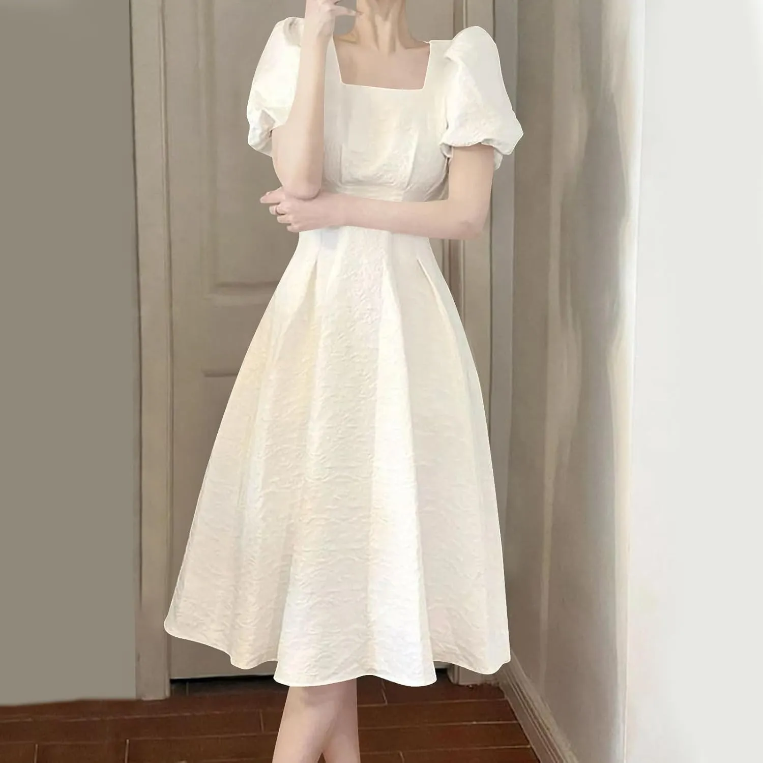 Women's Square Neck Summer Dress Puff Short Sleeve Slim Waist Dresses Casual Pleated Cocktail Party Swing A Line Dress