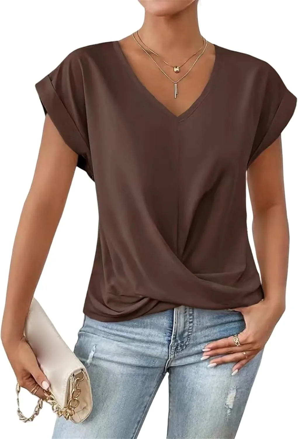 Women's Tops Short Sleeve V Neck Shirt Twist Knot Front Top Loose Fit Lightweight T-Shirt Summer Tunic Tops Blouses