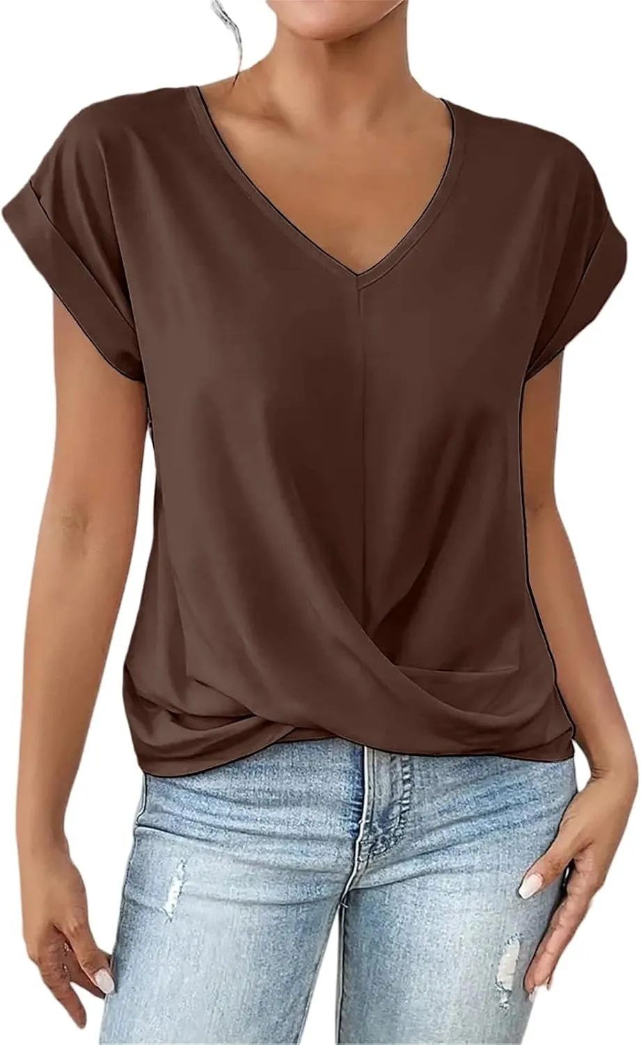 Women's Tops Short Sleeve V Neck Shirt Twist Knot Front Top Loose Fit Lightweight T-Shirt Summer Tunic Tops Blouses