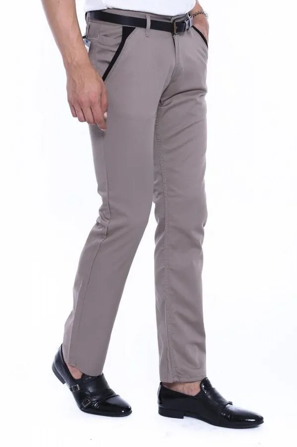 WSS Trimmed Pockets Plain Slim Fit Beige Men Pants  - Singen