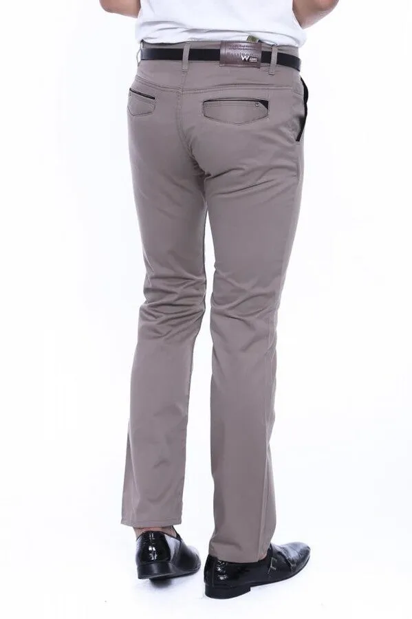 WSS Trimmed Pockets Plain Slim Fit Beige Men Pants  - Singen