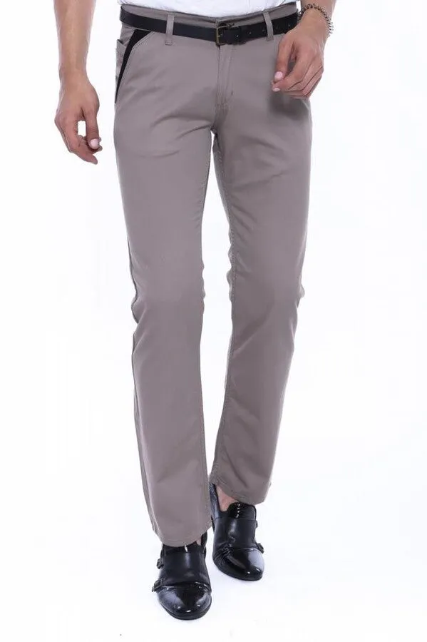 WSS Trimmed Pockets Plain Slim Fit Beige Men Pants  - Singen