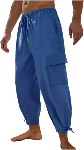 Xiaojmake Men's Linen Cargo Pants Joggers 2025 Solid Elastic Waist Harem Pant Casual Lightweight Loose Beach Summer Trousers