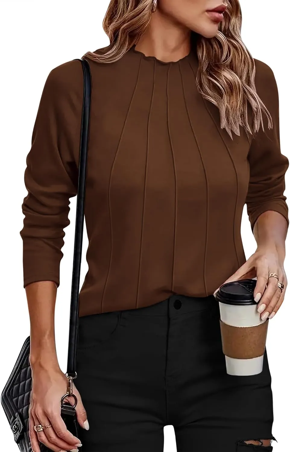 Zeagoo Womens Long Sleeve T Shirts Casual Mock Neck Tops Fall Pleated Blouses Basic Trendy Clothes 2024